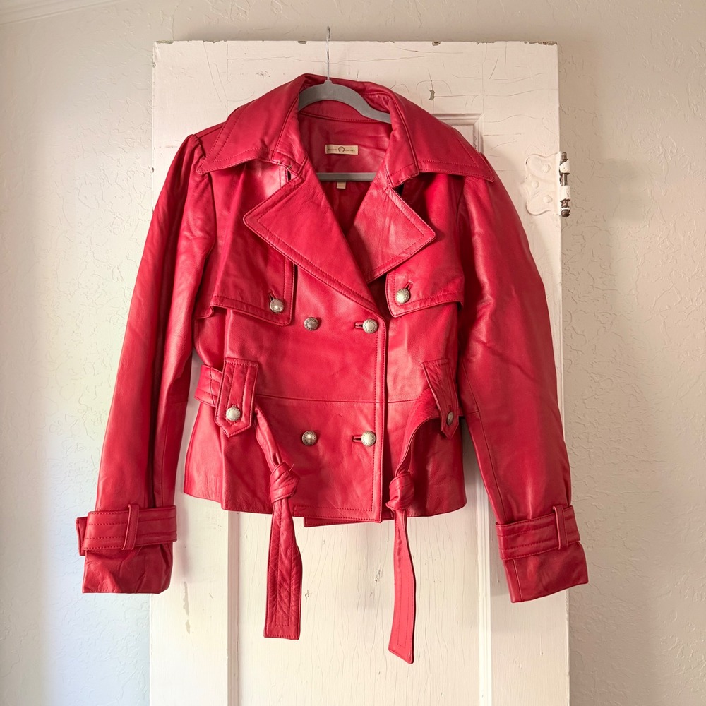 Wilsons Leather Red Genuine Leather Double Breasted Cropped Trench Jacket Large